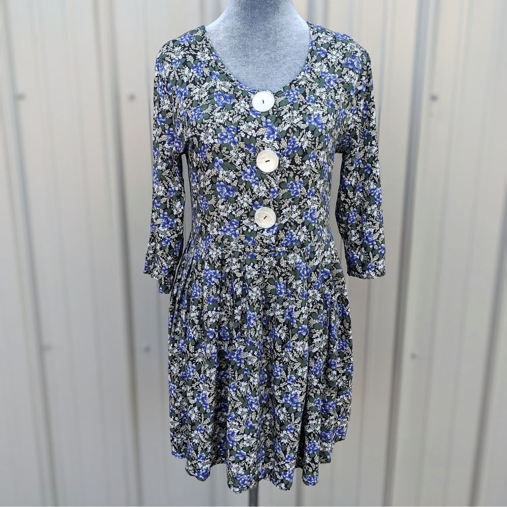 Vintage 90s Floral Pleated Mini Dress S Pearl Button Front Fairy Grunge Rayon